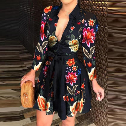 Fall Women Clothing Slim Fit Floral Printing Collared Single Breasted Shirt Long Sleeve Dress