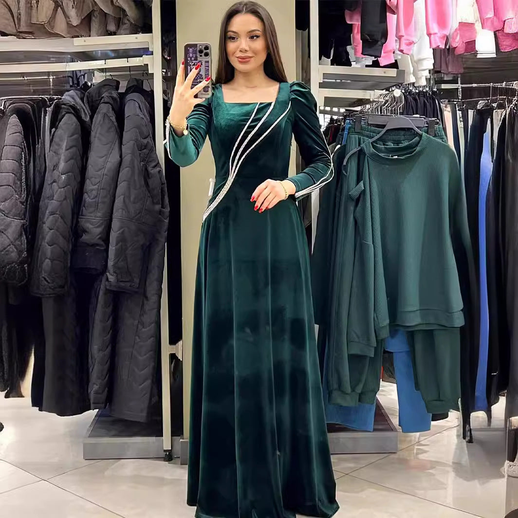 Autumn Long Sleeve Rhinestone Maxi Dress Slim Women