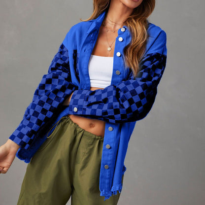 Autumn Casual Loose Plaid Contrast Color Frayed Hem Denim Jacket Women