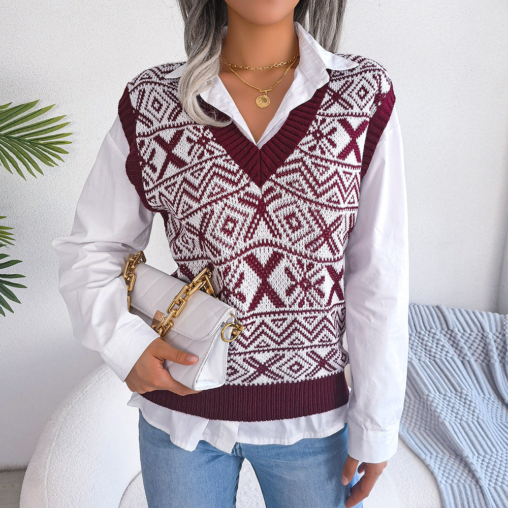 Autumn Winter Christmas Snowflake Pattern V-neck Knitted Vest Sweater Women Clothing