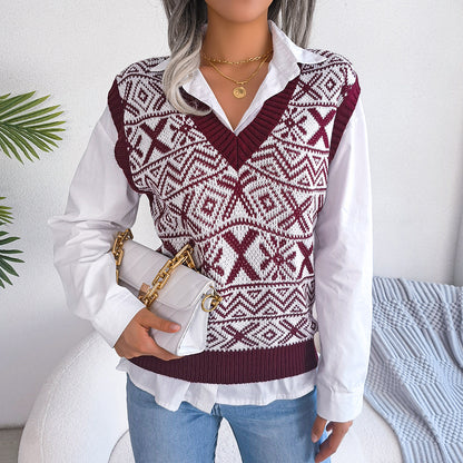 Autumn Winter Christmas Snowflake Pattern V-neck Knitted Vest Sweater Women Clothing