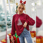 Christmas Tree Loose Long Sleeve round Neck Women Printed Wear Top  Wine Red Mid-Length Sweater