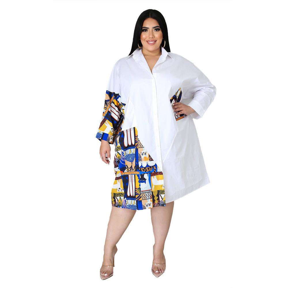 Plus Size Women Shirt Dress Loose Summer Printing Stitching Office Characteristic