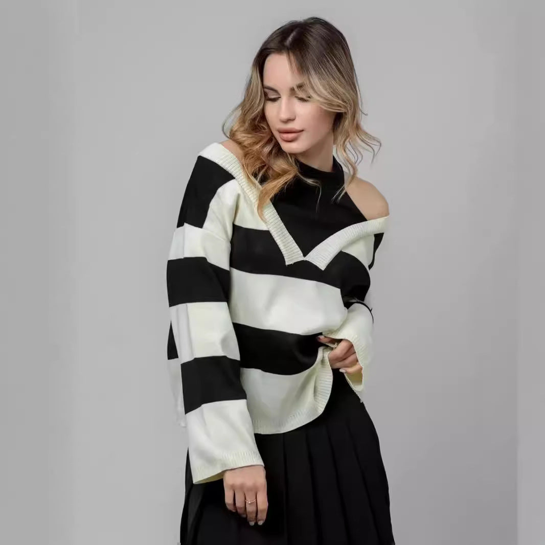 Chic Autumn Winter Retro Western Halter Off Shoulder Faux Two Pieces Design Contrast Color Striped Long Sleeve Knitted Sweater Women