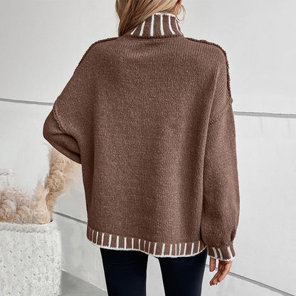 Autumn Winter Striped Pullover Turtleneck Sweater Women Loose Knitwear Top Women