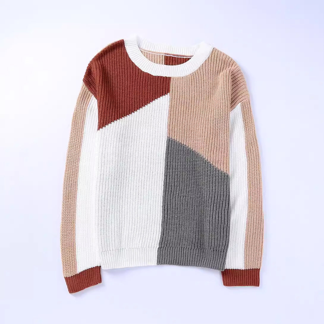 All Matching Base Sweater Women Loose Color Block Contrast Color Women Knitting Sweater