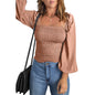 Solid Color Women Clothing Spring Autumn New Long Sleeve Square-Neck Waist-Controlled Slim Fit Slimming Top