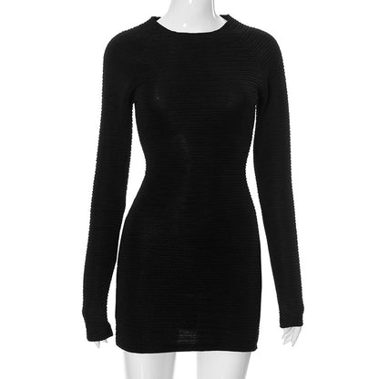 Women Clothing Autumn Solid Color Casual Round Neck Long Sleeve Pleated Slim Fit Short Dress