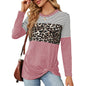 Autumn Winter round Neck Leopard Stripe Stitching Twist Loose Long Sleeve T shirt Women