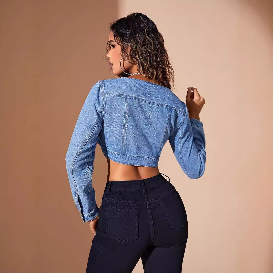 Women Clothing Fashionable Fitted Long Sleeve Short Denim Shirt