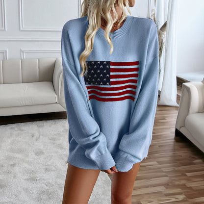 Autumn Winter Top Women Casual Loose Yarn Dyed Independence Day Long Sleeve Sweaters