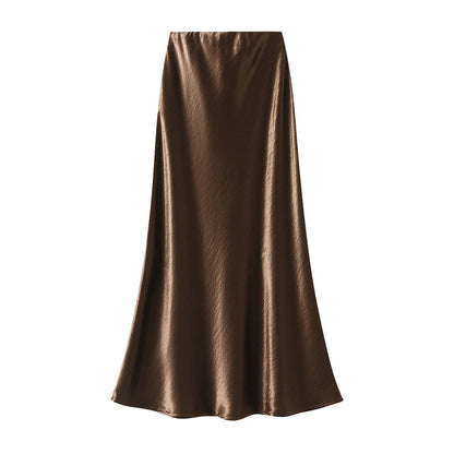 Elegant Pleated Streamer Satin Fishtail Skirt Women Autumn Drooping Slimming Sheath A Line Long Skirt