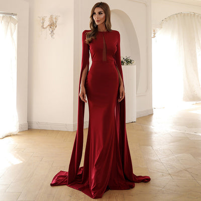 Women Clothing Maxi Dress Fishtail Dress Women Bell Sleeve Solid Color Mop Dress Formal Gown Maxi