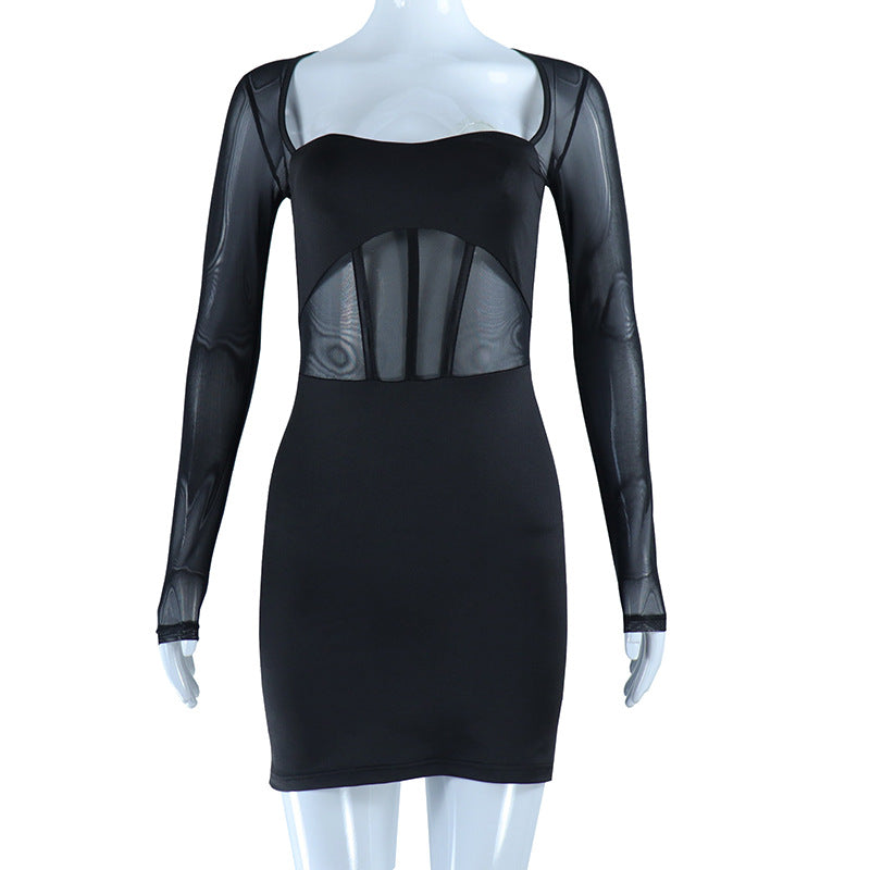 Autumn Winter Women Clothing Sexy Wrapped Chest Stitching Mesh Long Sleeve Narrow Dress