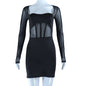 Autumn Winter Women Clothing Sexy Wrapped Chest Stitching Mesh Long Sleeve Narrow Dress