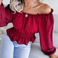 Real Shot Autumn Winter Sexy Off Shoulder Off Shoulder Hem Ruffled Chiffon Shirt Top Women Clothing