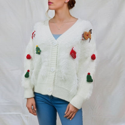 Red Year Christmas Sweater Mink Like Wool Christmas Three Dimensional Decoration Single Breasted Cardigan Coat Women