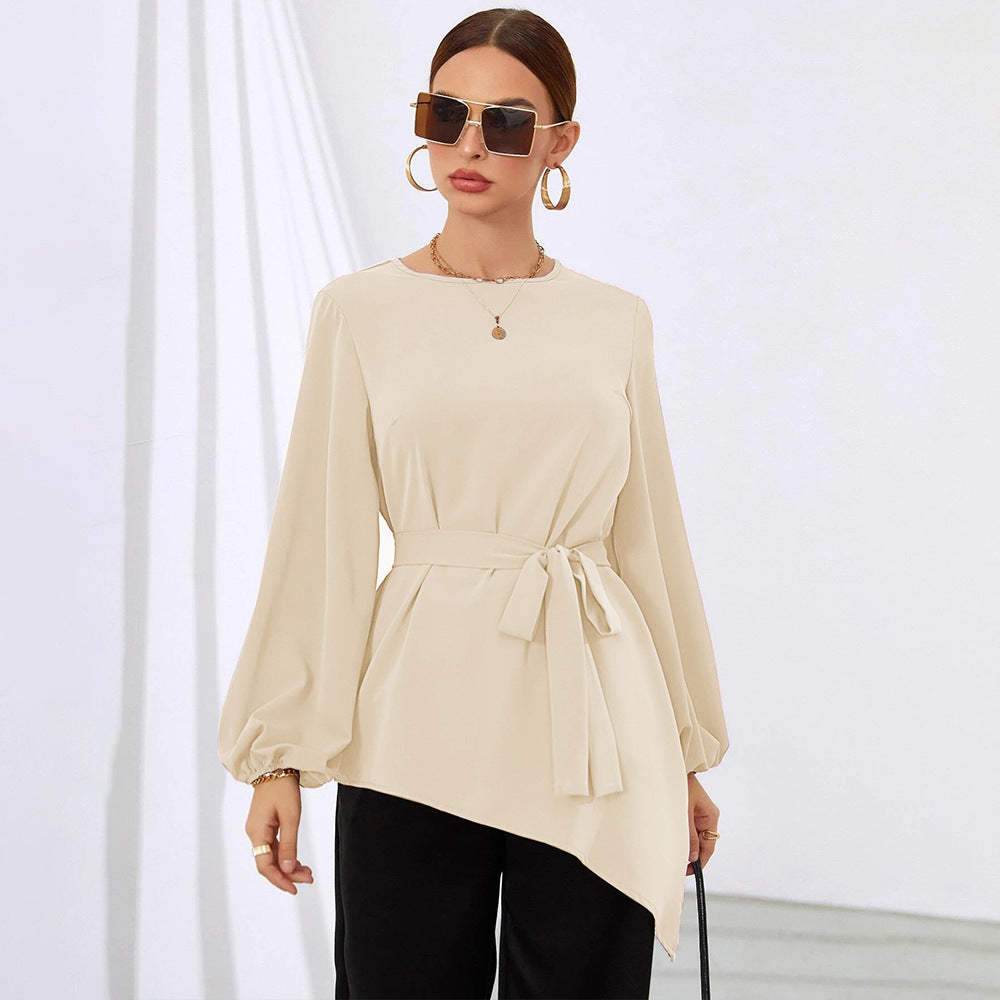 Women Clothing Irregular Asymmetric Early Autumn Top Cinched Long Sleeve Women Shirt