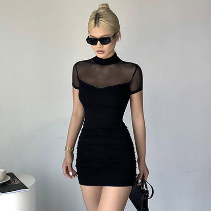 Sexy Solid Color Mesh Stitching Design Half Turtleneck Pullover Dress Women Dress Summer