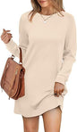 Women Clothing Burst Round Neck Back Fold Pocket Long Sleeve Sweater Dress