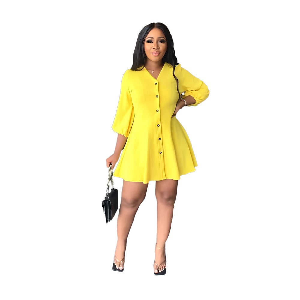 Loose V neck Casual Solid Color Mid Length Long Sleeve Shirt Dress