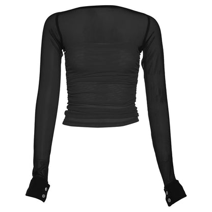 Autumn Trend Women Long Sleeve Square Collar Slimming Voile Cropped Color Matching Top