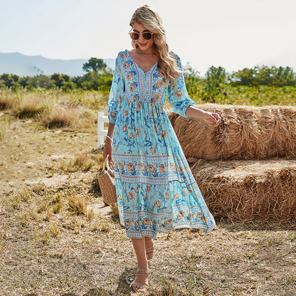 V-neck High Waist Bohemian Dress Mid-Length A- line Dress