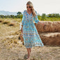 V-neck High Waist Bohemian Dress Mid-Length A- line Dress