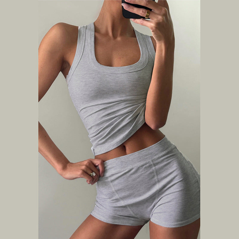 Women Clothing Autumn Casual Round Neck Solid Color Slim Fit I Shape Vest High Waist Shorts Suit