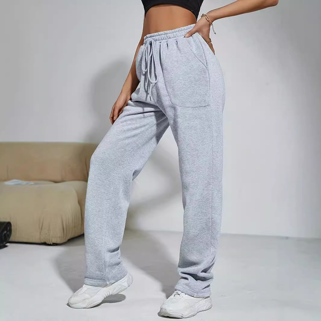 Gray Sports Pants Women High Waist Slimming Drooping Straight Lace Up Sweatpants Women