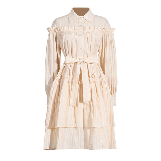 Sweet Summer Polo Collar Wooden Ear Lantern Long Sleeve Lace up Short Dress Women