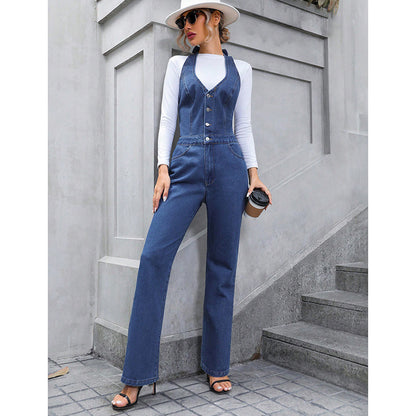 Women Wear Casual Slimming High Waist Straight Leg Denim Jumpsuit Trousers