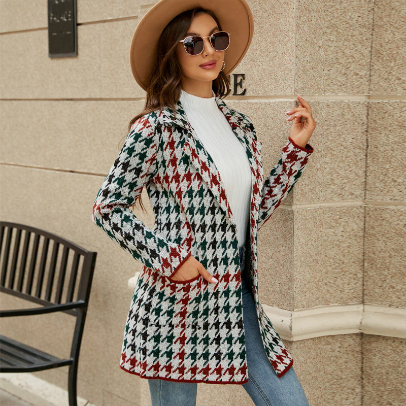 Autumn Winter Long  Contrast Color Houndstooth Knitted  Office Collar Trench Coat Outerwear