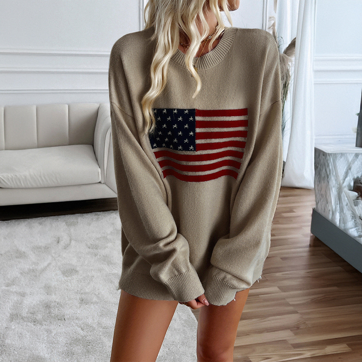 Autumn Winter Top Women Casual Loose Yarn Dyed Independence Day Long Sleeve Sweaters