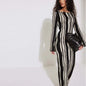 Autumn Winter Round Neck Wave Striped Contrast Color Bell Sleeve Woolen Maxi Dress