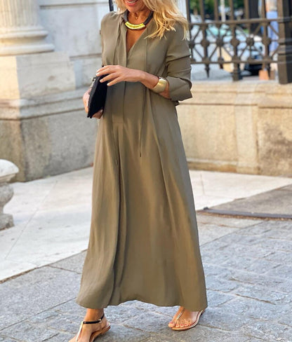 Large Swing Skirt Solid Color Collared Long Sleeve Simple Casual Long Shirt Dress