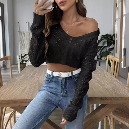 Women Short Top Women Clothing Spring Autumn Polo Collar Polo Collar Hollow Out Cutout out Cropped Pullover Sweater