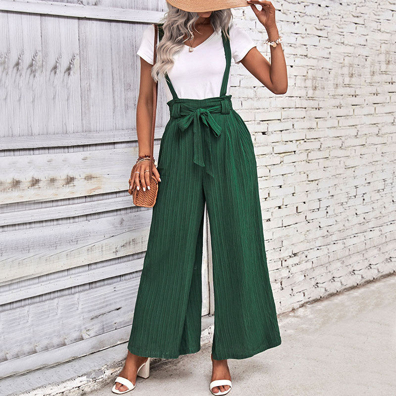 Summer Women Clothing Adjustable Solid Color Wide Leg Suspender Pants