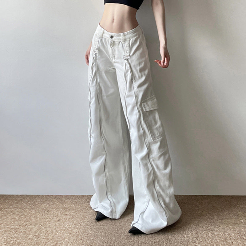 Heavy Industry Metal Zipper Split Wide Leg Jeans Women Loose Pockets Casual All Matching Mop Pants