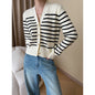 Fashionable French Contrast Color Striped Early Autumn V neck Office   All Matching Knitted Cardigan Design