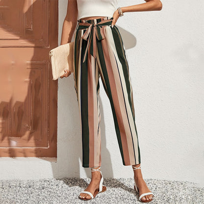 Women Clothing Pants Striped Printed Paper Bag With Belt Waist Ankle Length Pants Office Casual Women Pants