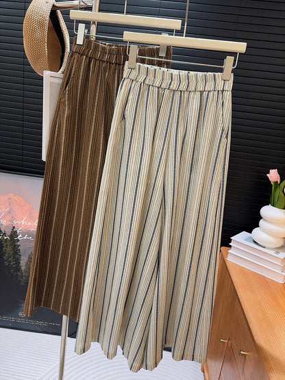 Korean Striped Culottes Women Summer Thin Casual Pants Loose Wide Leg Pants Draping Effect High Pants