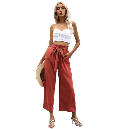 Summer High Waist Wide Leg Pants Loose Solid Color Cropped Casual Flared Pants Women