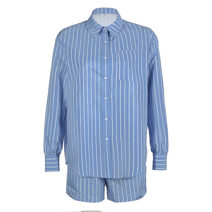 Blue Striped Collared Loose Long Sleeved Shirt Street Shooting Casual Mid Waist Shorts Suit