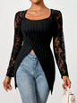 Simple Lace Stitching Long Sleeve Irregular Asymmetric Hem Slim T shirt Top for Women