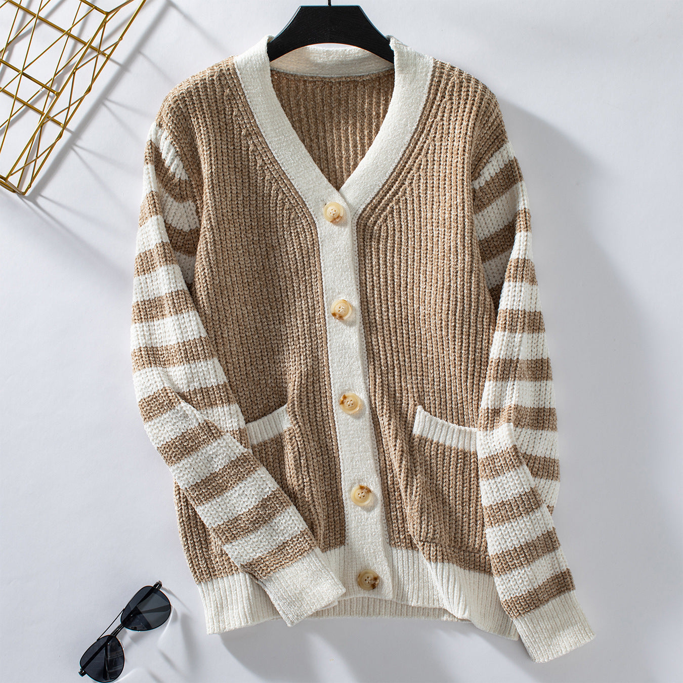 Striped Button Knitted Cardigan for Women Autumn Winter Casual Loose Sweater Women Coat