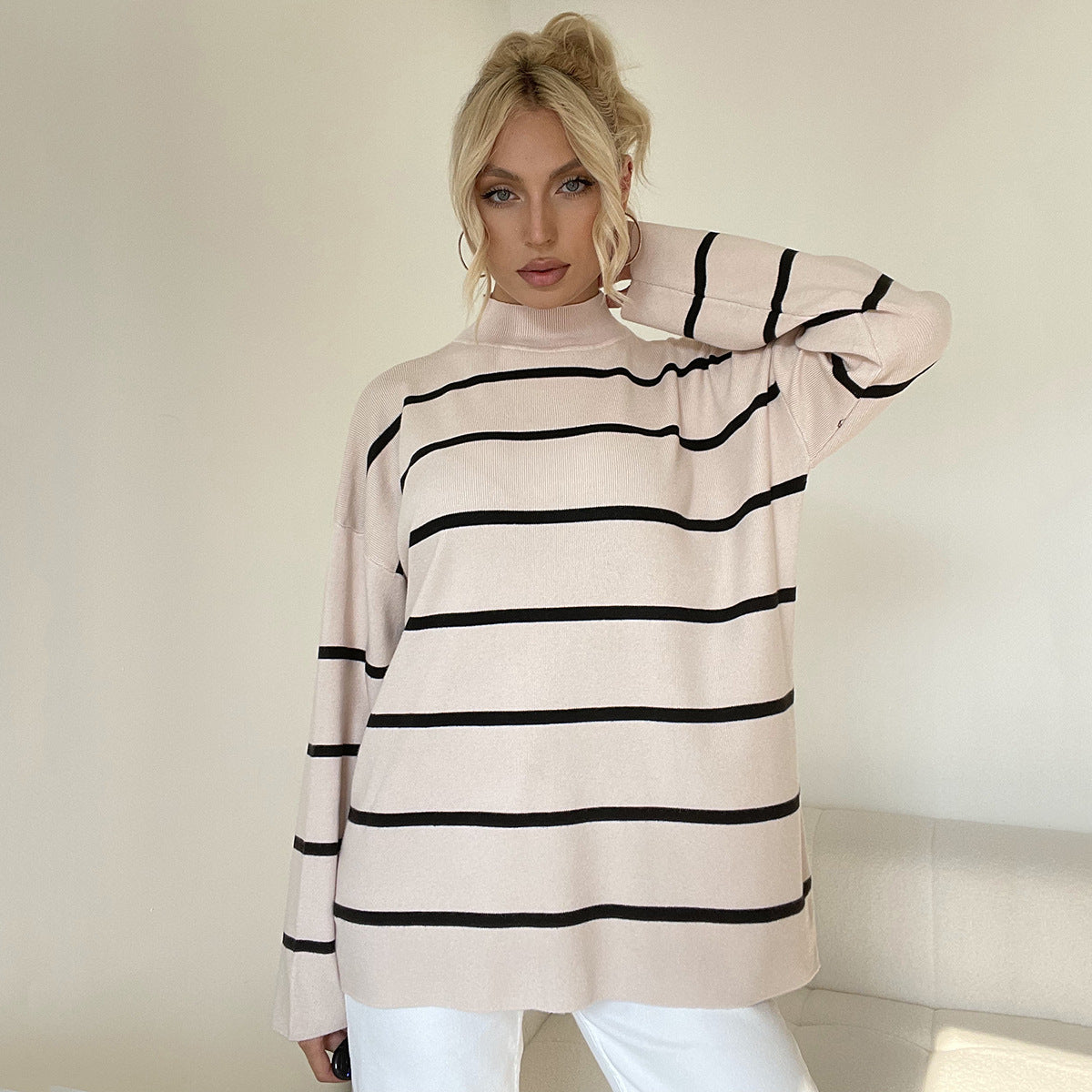 Women Clothing Arrival Striped Basic Top Casual Loose Sweater