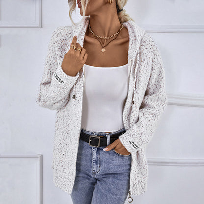 Hooded Drawstring Women Clothing Zipper Sweater Autumn Winter Sweater Cardigan Coat