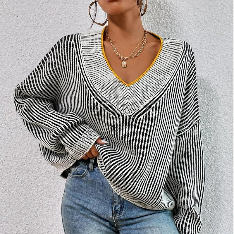 Autumn Winter V Neck Loose Slimming Batwing Sleeves Sweater Striped Contrast Color Pullover Sweater Top