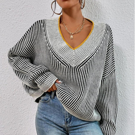 Autumn Winter V Neck Loose Slimming Batwing Sleeves Sweater Striped Contrast Color Pullover Sweater Top